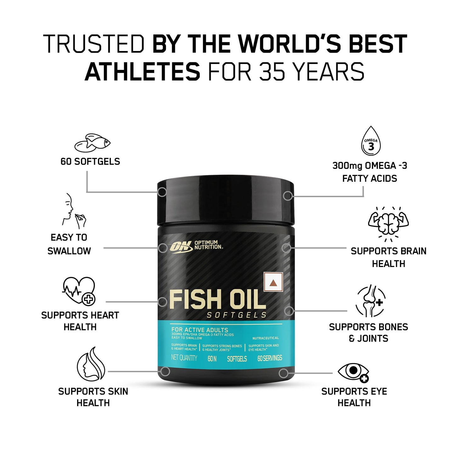 Optimum Nutrition (ON) Fish Oil - 60 Capsules, 300mg EPA/DHA Omega -3 Fatty Acids for Strong Bones-Healthy Joints, Brain, Heart, Skin & Eye Health
