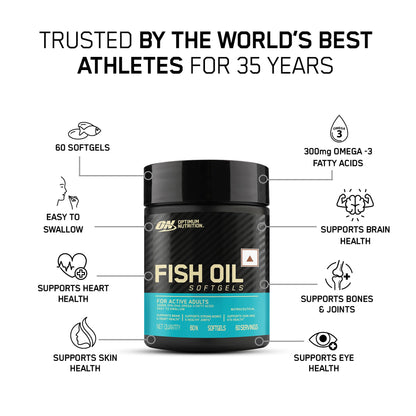 Optimum Nutrition (ON) Fish Oil - 60 Capsules, 300mg EPA/DHA Omega -3 Fatty Acids for Strong Bones-Healthy Joints, Brain, Heart, Skin & Eye Health