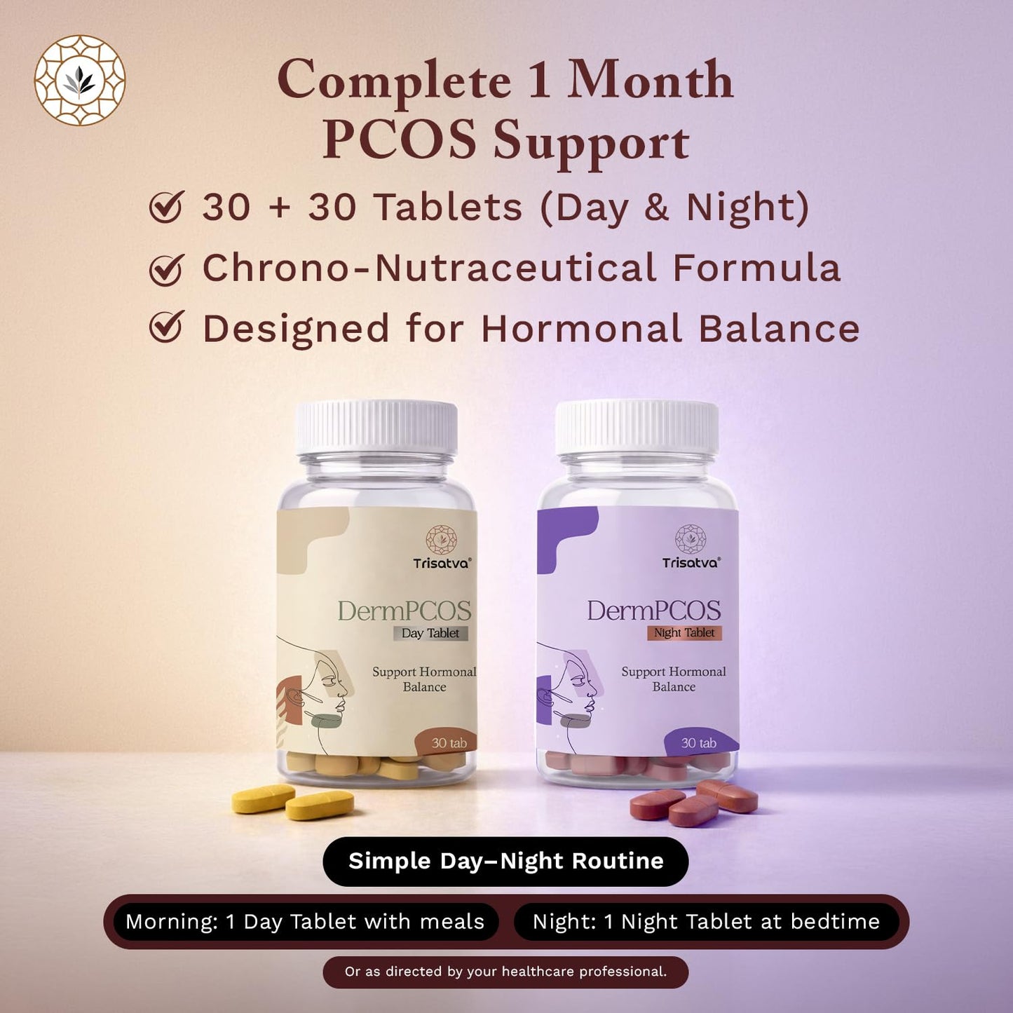 Trisatva DermPCOS Care Kit – PCOS Hormonal Balance, Day & Night, 30+30 Tablets