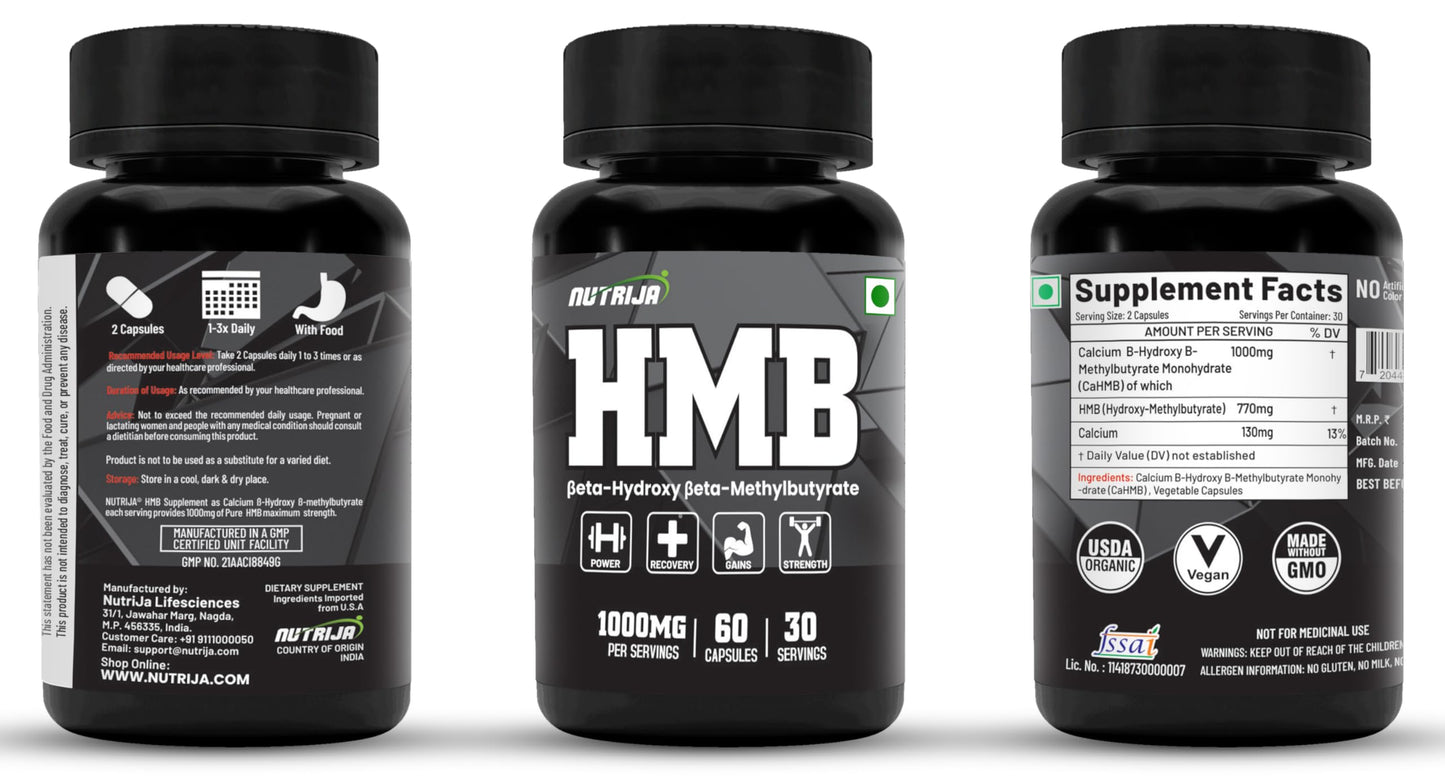 NutriJa HMB 1000MG Capsules (Beta-Hydroxy Beta-Methylbutyrate) - Pure HMB | Prevents Muscle Breakdown, Faster Recovery, Strength (60 Capsules)