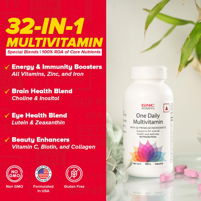 GNC Women's One Daily Multivitamin - 32 Premium Ingredients with Vitamin C, Biotin, Collagen & Antioxidants | Boosts Immunity & Energy | Improves Skin, Hair, Nails & Eye Health | 60 Tablets