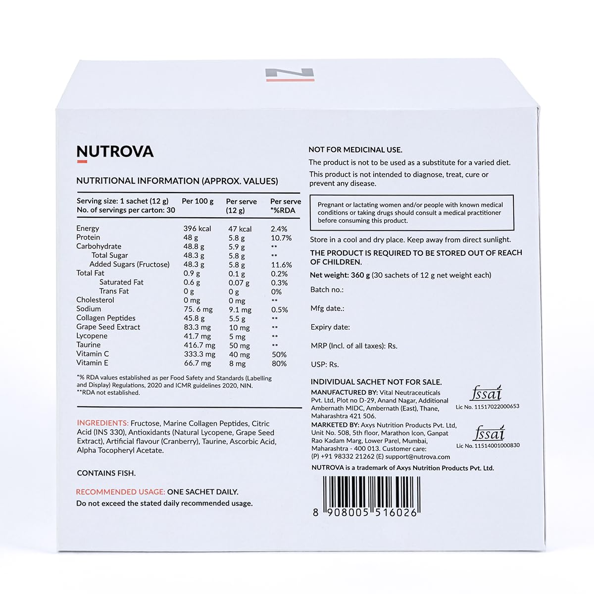 NUTROVA Collagen+Antioxidants Supplement - of Marine Collagen Powder for Men & Women,Increases Skin Hydration,Reduces Skin Damage,Supports Healthy Skin,Hair & Nails,Cranberry, 1 count,30 Servings