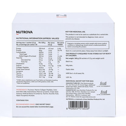 NUTROVA Collagen+Antioxidants Supplement - of Marine Collagen Powder for Men & Women,Increases Skin Hydration,Reduces Skin Damage,Supports Healthy Skin,Hair & Nails,Cranberry, 1 count,30 Servings