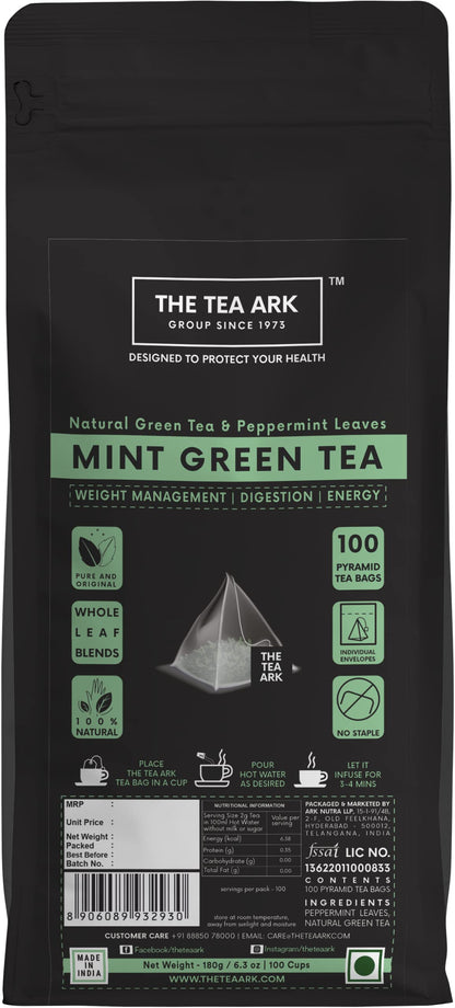 The Tea Ark Mint Green Tea Bags (100 Count) | Natural Herbal Whole Leaf Tea | Individually Wrapped Pyramid Tea Bags