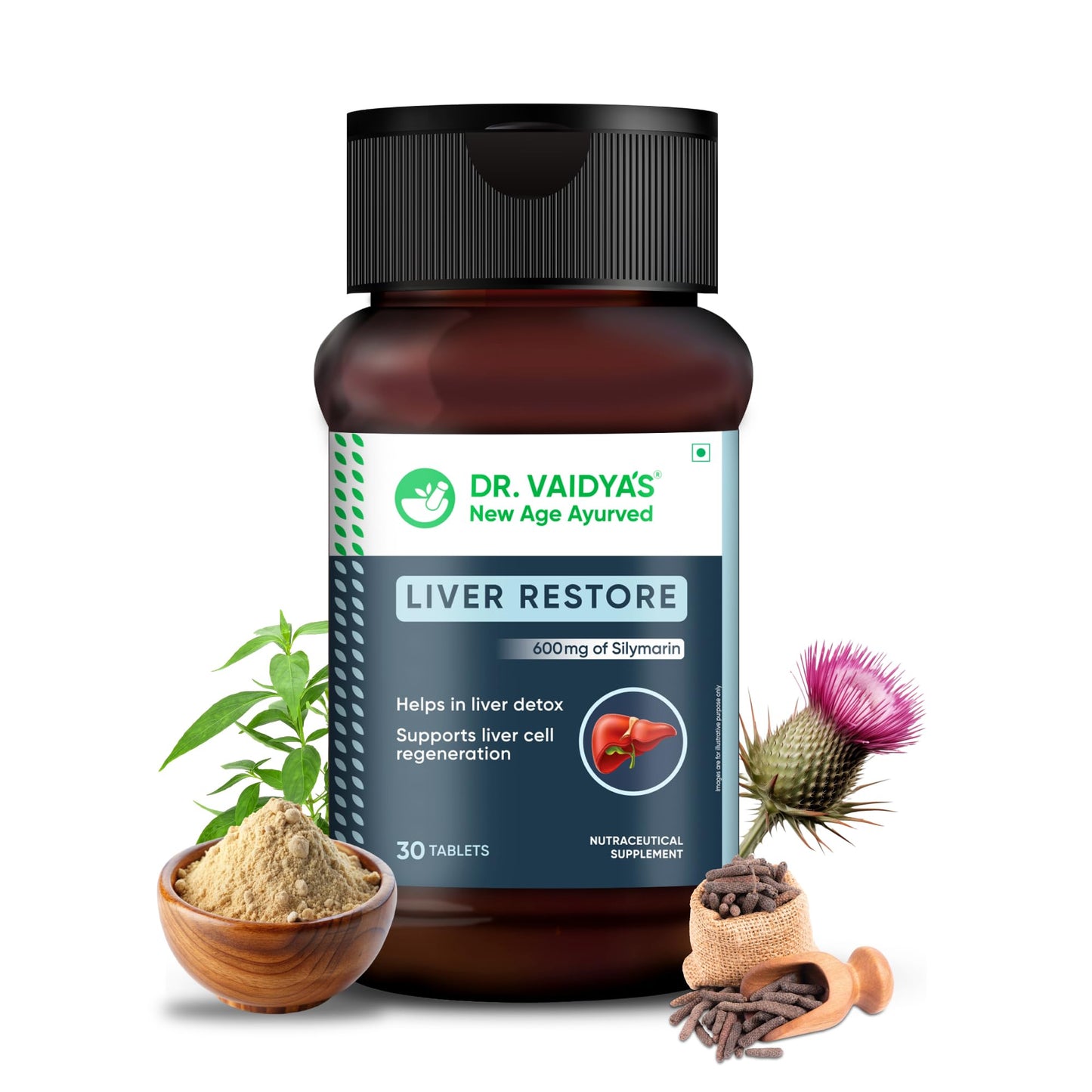 Dr Vaidya’s Liver Restore Tablets | Helps in Liver Detox & Liver Cell Regeneration, Manages Fatty Liver | Milk Thistle Extract 600mg (Standardised to 80% Silymarin), Dandelion, Triphala | 30 tablets