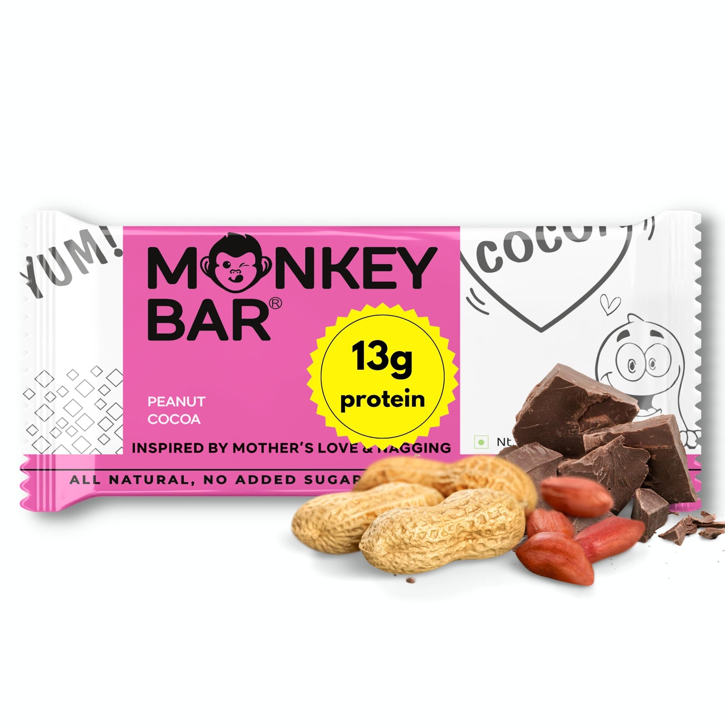 MONKEY BAR - Peanut Cocoa Protein Bars - 8 Bars, 50g each, 13g Protein, Just 5 A