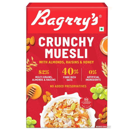 Bagrry's Crunchy Muesli 200gm Box| 40% Fibre Rich Oats with Bran | 82% Multi Grains, Almonds, Raisins & Honey | Breakfast Cereal
