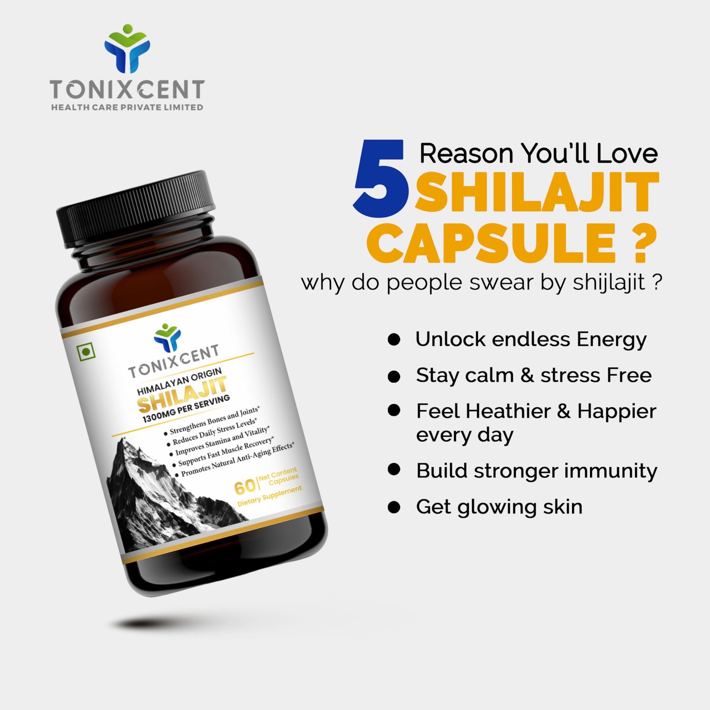 TONIXCENT Strength & Stress Relief Combo | Ashwagandha 1300mg & Shilajit 1300mg Capsules | Boosts Stamina, Reduces Stress & Enhances Vitality | 60+60 Vegan Capsules