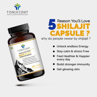 TONIXCENT Strength & Stress Relief Combo | Ashwagandha 1300mg & Shilajit 1300mg Capsules | Boosts Stamina, Reduces Stress & Enhances Vitality | 60+60 Vegan Capsules