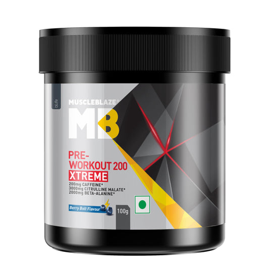 MuscleBlaze Pre Workout 200 Xtreme (Berry Bolt, 30 Servings, 100g) | 200mg Caffe