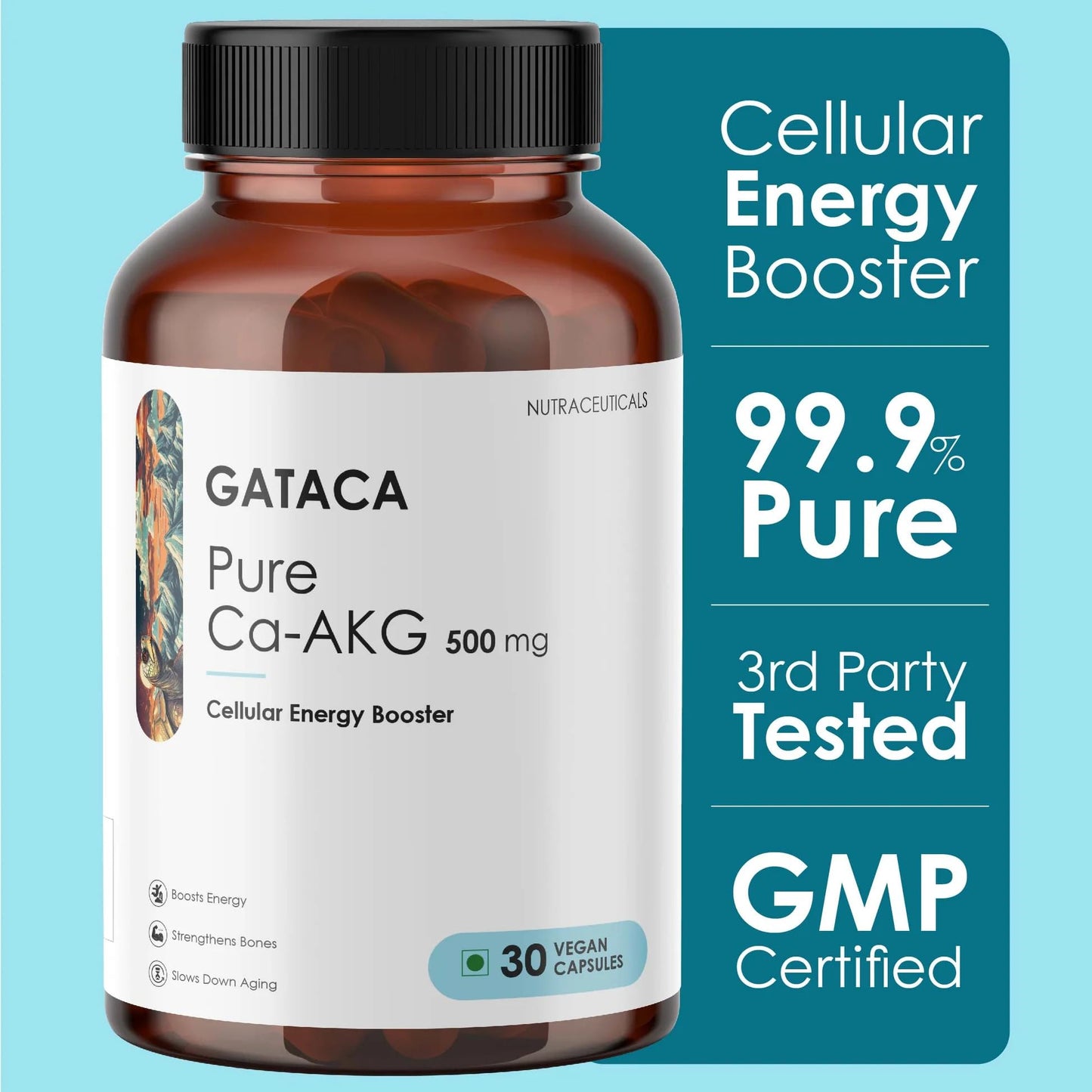 GATACA Pure Ca-AKG 500 mg Capsules for Cellular Energy & Healthy Aging | Calcium Alpha Ketoglutarate Supplement | Supports Mitochondrial Energy, Longevity & Vitality | 30 Vegan Capsules