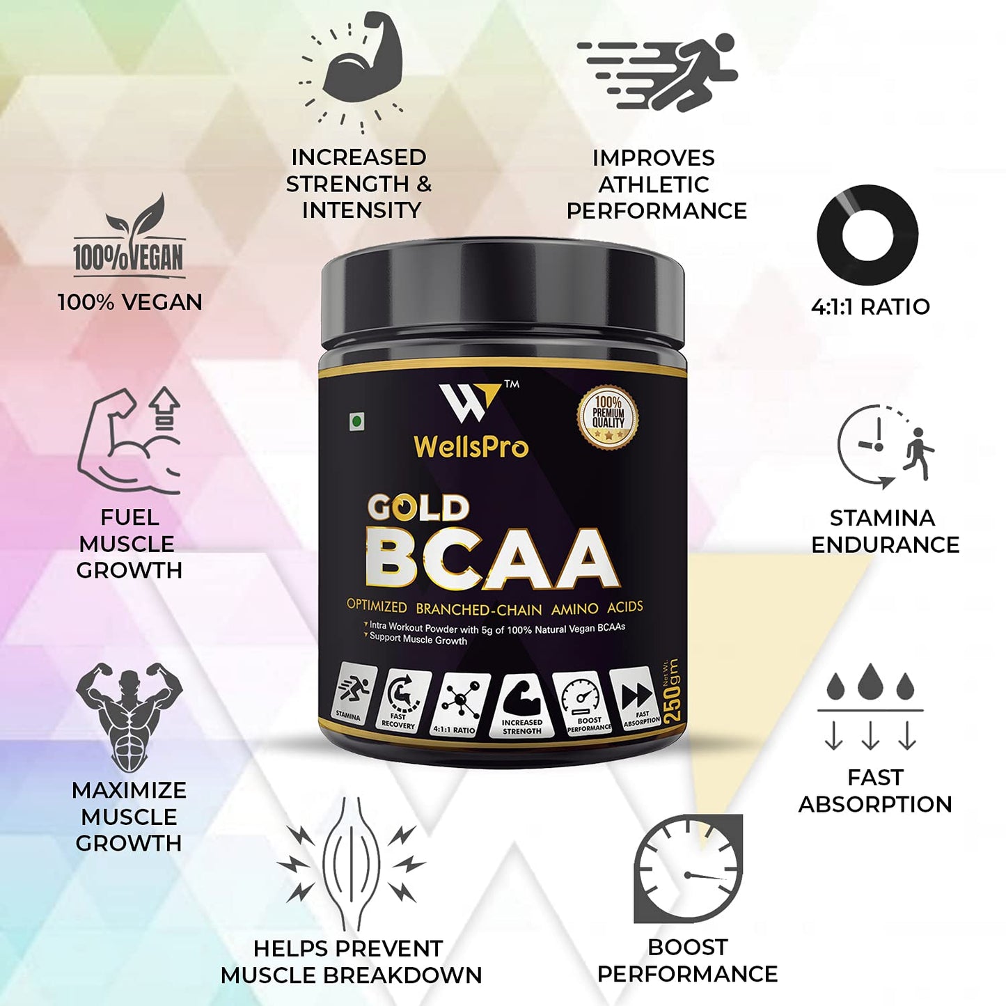Wellspro Gold BCAA Supplement Powder 250G, Gold Ratio 4:1:1, Intra Workout Supplement for Muscle Growth & Faster Recovery, Keto Friendly, Caffeine Free (Mix Berry Flavor)