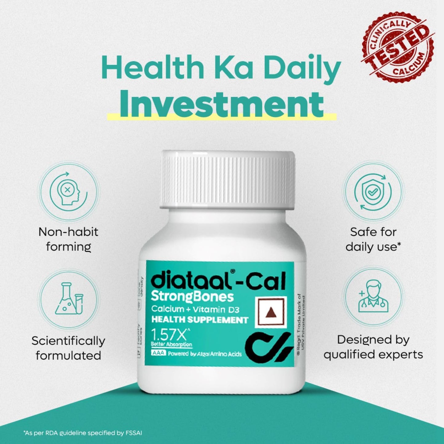 Diataal Calcium supplement for Men & Women | 57% Better Absorption | AAA Cal 500mg + D3 (400 IU) |Calci and Vitamin D3 Tablets | Strong bones & Joint Health|180 Tablets