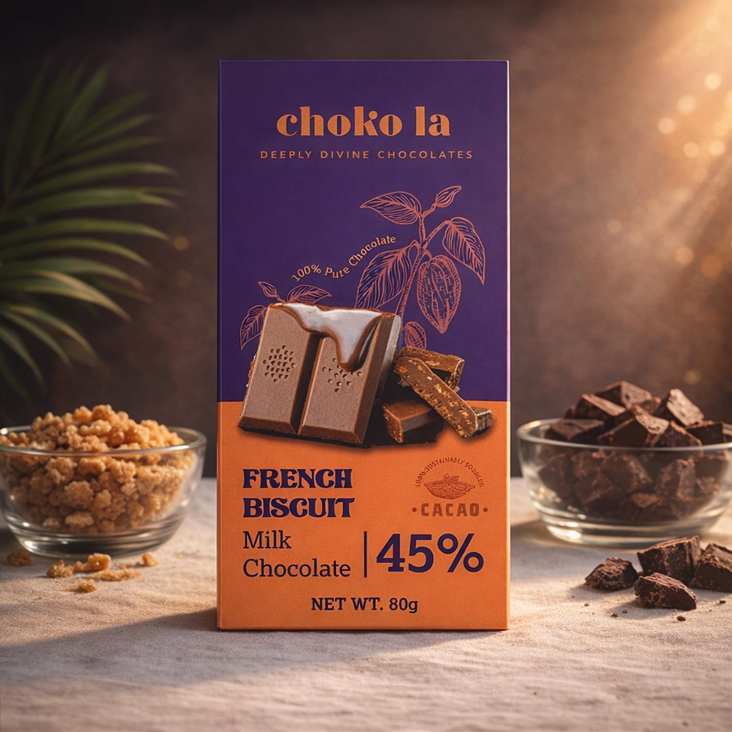 Chokola French Biscuit 45% Milk Chocolate Bar – Creamy Milk Chocolate with Crunchy Biscuit, 80g