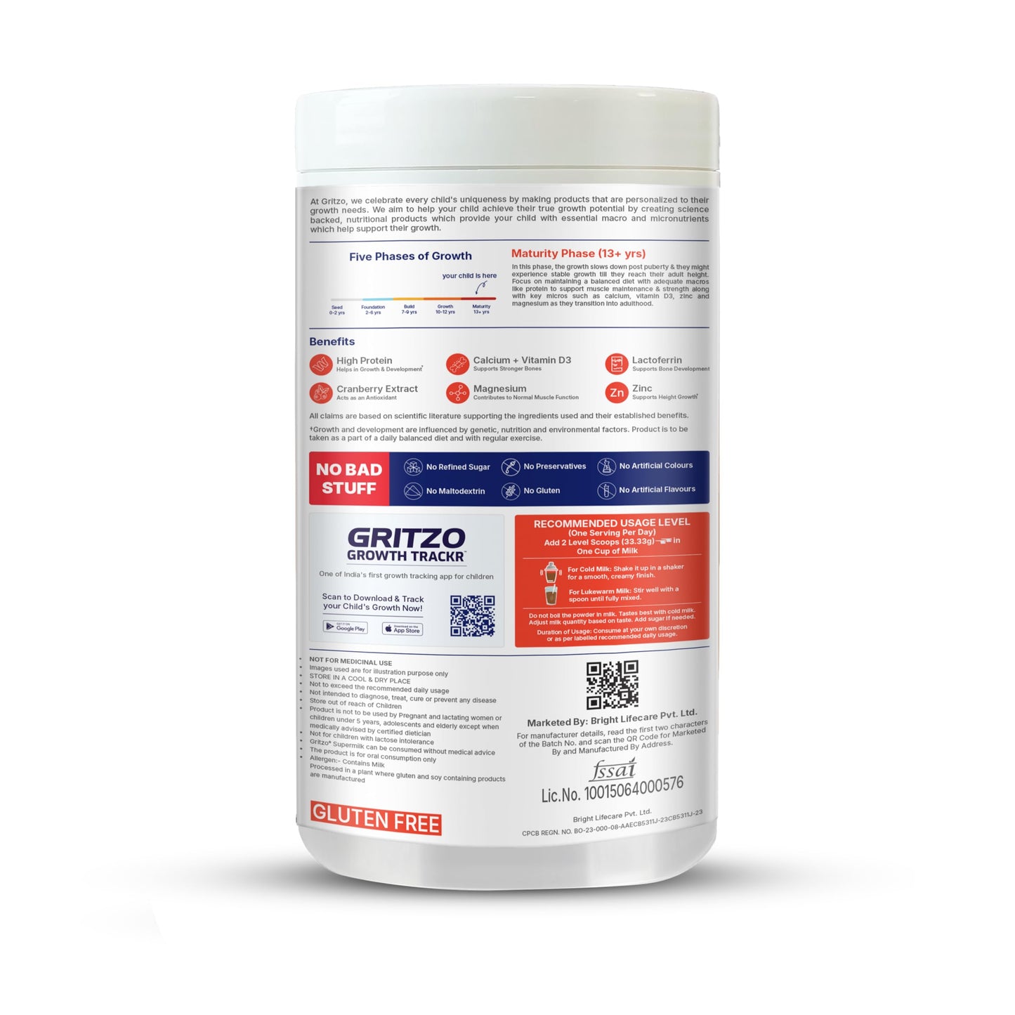 Gritzo SuperMilk Growth+ (Formerly Height+) (13+y Girls), 13g Protein Powder (Double Chocolate, 400g) with Black Panther Sipper Bottle (Black, 700ml)