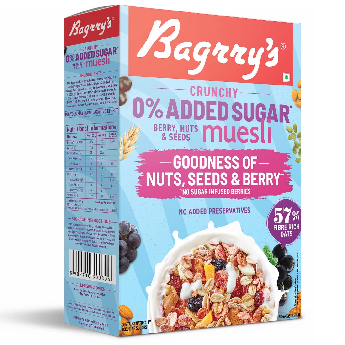 Bagrrys 0% Added Sugar Muesli – Berry, Nuts & Seeds 500g | Whole Grain Breakfast Cereal | Helps Manage Weight |0% Added Sugar