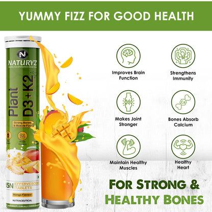 Naturyz 100% Plant Vitamin D3 K2 | Veg Vitamin D3 Supplement Lichen Source with Vitamin K2 MK7 Menaquinone | Supports Stronger Immunity | Bone & Heart Health for Men & Women (Mango Flavour)-15 Tablets