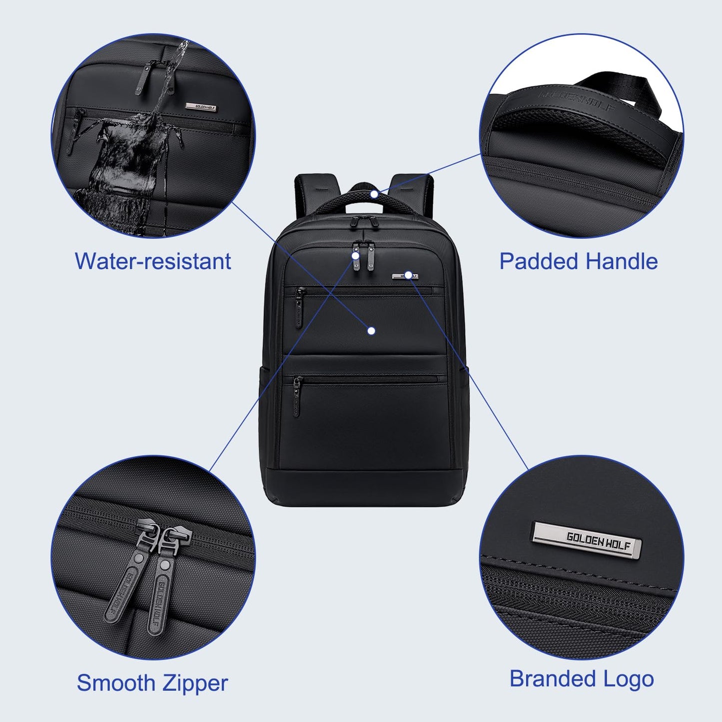 GOLDEN WOLF Business Backpack for Men Multi-pocket 15.6" Laptop Bag Water-resistant 21L Medium Backpack for Office College Daily Use