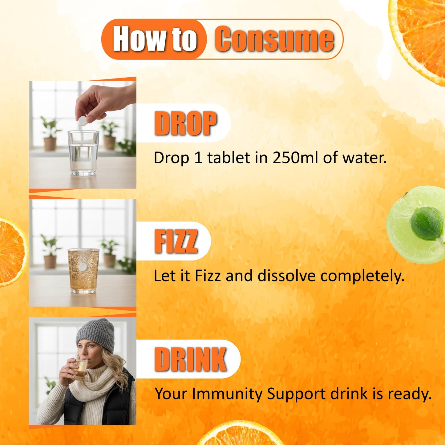End2End Nutrition Natural Vitamin C - Amla Extract + Zinc for Immunity | Helps to Boost Collagen for Healthy Skin, Hair & Nails | Orange Flavour - (Pack of 3) 60 Effervescent Tablets