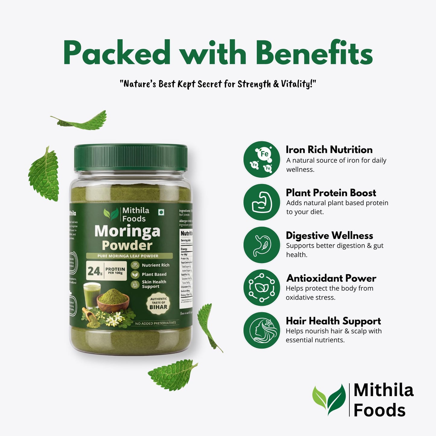 MITHILA FOODS Moringa Powder 200g | Munga Greens, 100% Pure Moringa Leaf Powder | Nutrient-Dense Antioxidants, Vitamins & Minerals | Energy, Immunity & Daily Wellness | Authentic Taste of Jharkhand