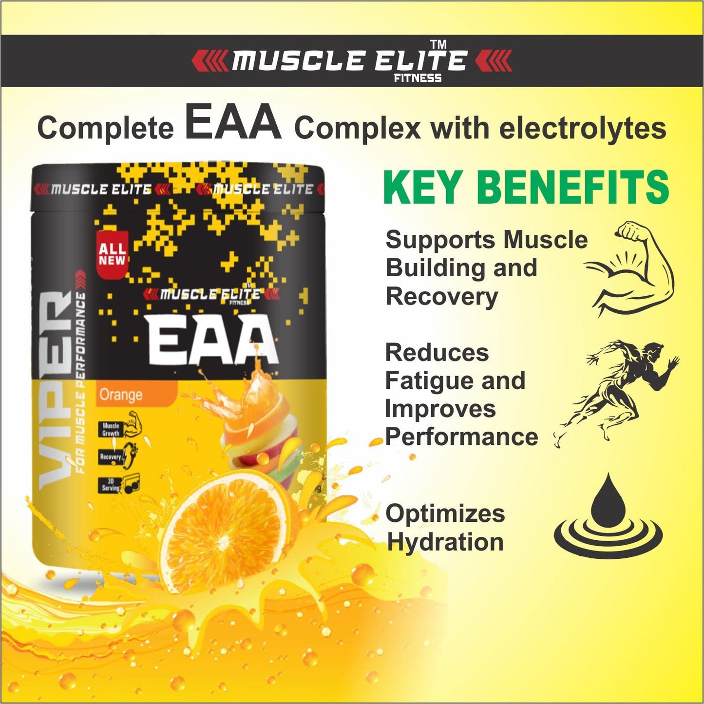 MUSCLE ELITE FITNESS EAA Supplement 30 Serving Muscle Growth | Recovery | Hydration Blend, Energy Matrix 255g Pack of 1 Orange