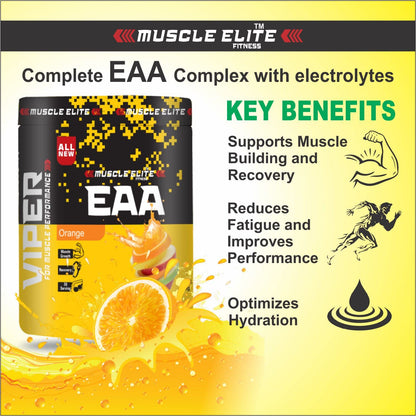 MUSCLE ELITE FITNESS EAA Supplement 30 Serving Muscle Growth | Recovery | Hydration Blend, Energy Matrix 255g Pack of 1 Orange