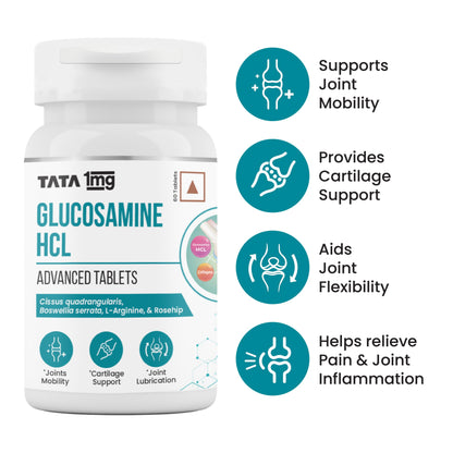 Tata 1mg Glucosamine HCL 1500 mg Tablet with Boswellia, Rosehip, Collagen, Arginine for Joint Support, For Men & Women, Non-GMO & Soy-Free (60 Tablets)