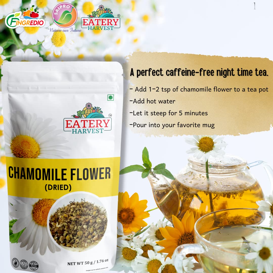 EATERY HARVEST Chamomile Flower Tea - 50g | Pure Chamomile Buds for Sleep, Stress Relief. Caffeine-Free, Calming Tisane. Great for Iced/Hot Tea