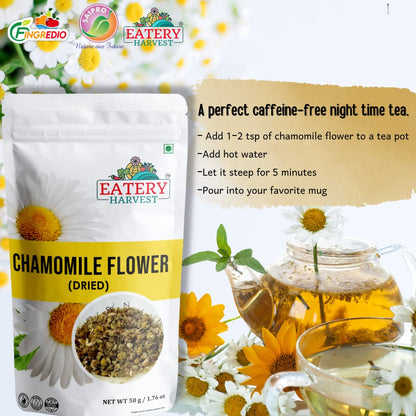 EATERY HARVEST Chamomile Flower Tea - 50g | Pure Chamomile Buds for Sleep, Stress Relief. Caffeine-Free, Calming Tisane. Great for Iced/Hot Tea