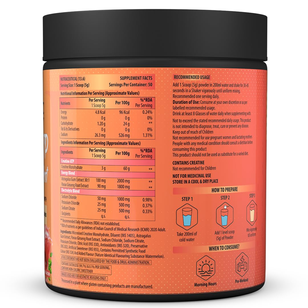 NATURYZ Creatine ATP Energy Blast 3G Creatine | Pre Workout ATP Energy Drink | Electrolytes | Supports Lean Muscle Mass & Volume, Endurance & Power for Intense Workout - 250g(Watermelon)