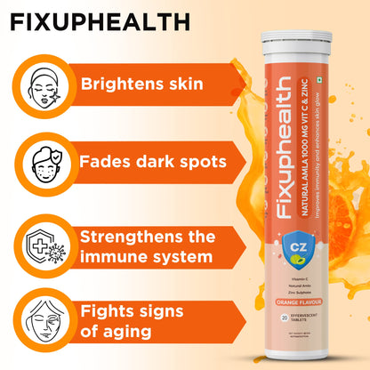 FIXUPHEALTH Amla Vitamin C and Zinc Effervescent Tablets Orange Flavor-antioxidants-immunity-skincare - (20 Tablets)