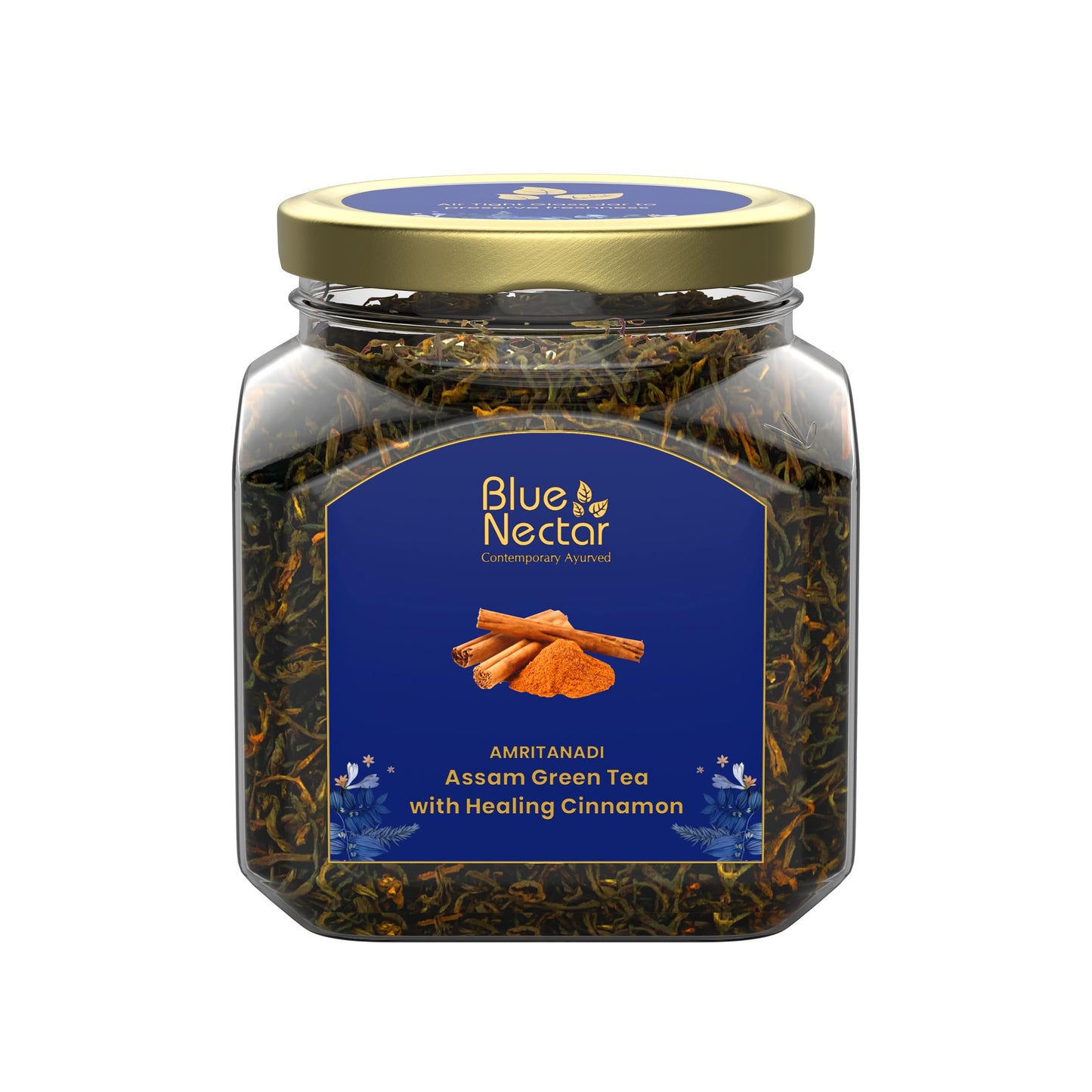 Blue Nectar Cinnamon Loose Green Tea Leaves | Metabolism Booster Himalayan Green Tea in Air-Tight Glass Jar | Includes Free Tea Infuser (65g)