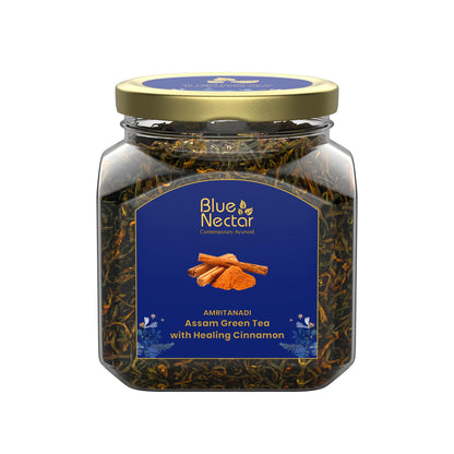 Blue Nectar Cinnamon Loose Green Tea Leaves | Metabolism Booster Himalayan Green Tea in Air-Tight Glass Jar | Includes Free Tea Infuser (65g)