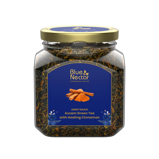 Blue Nectar Cinnamon Loose Green Tea Leaves | Metabolism Booster Himalayan Green Tea in Air-Tight Glass Jar | Includes Free Tea Infuser (65g)