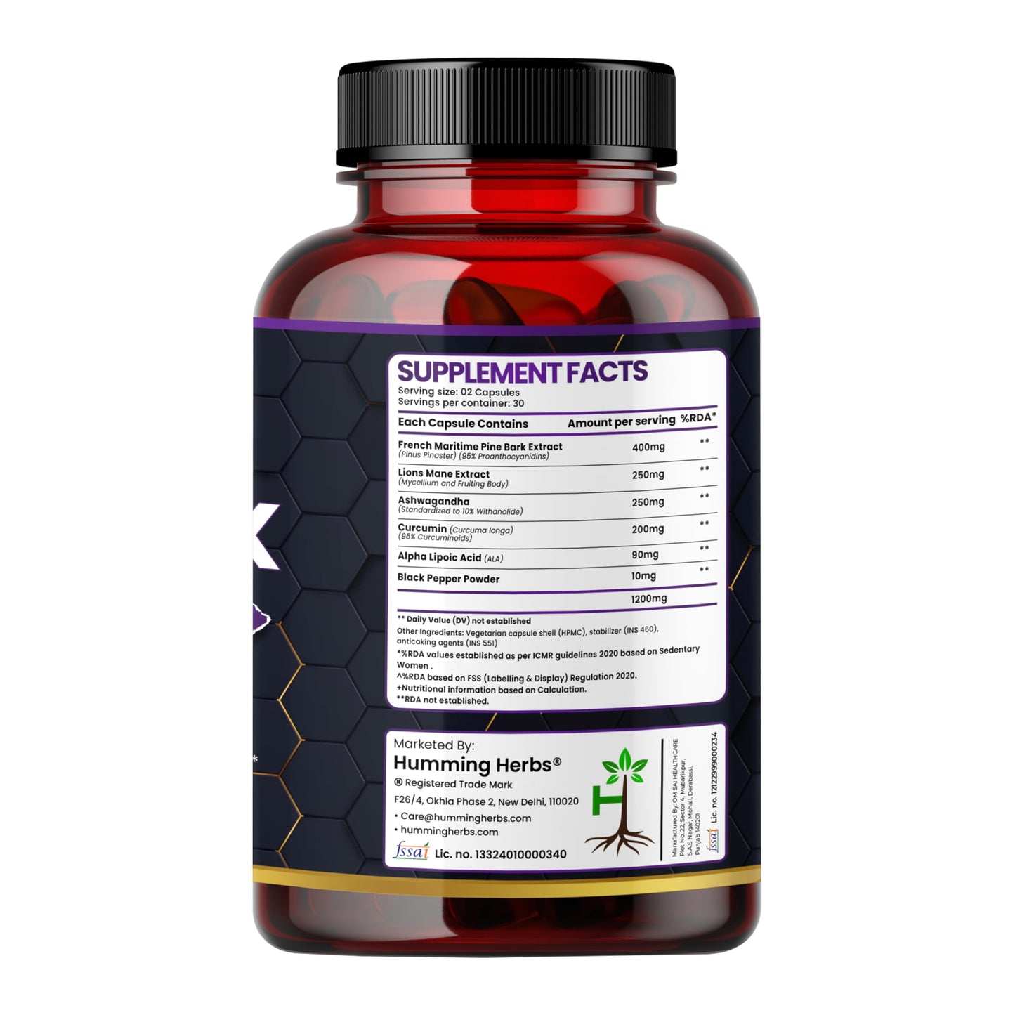 Humming Herbs Pine Bark Extract Capsules 1200mg - Potent Antioxidant for Prostate Health, Urinary Function, and Inflammatory Support - With Lions Mane, Turmeric, Alpha Lipoic Acid
