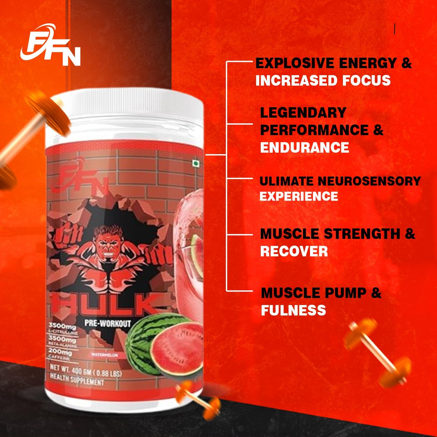 Fitness Freak Nutrition Pre-Workout (30 Servings) Premium Supplement for Enhanced Focus, Strength, Energy, and Pump 100% Dope-Free, Banned Substance Tested, 400g - Watermelon