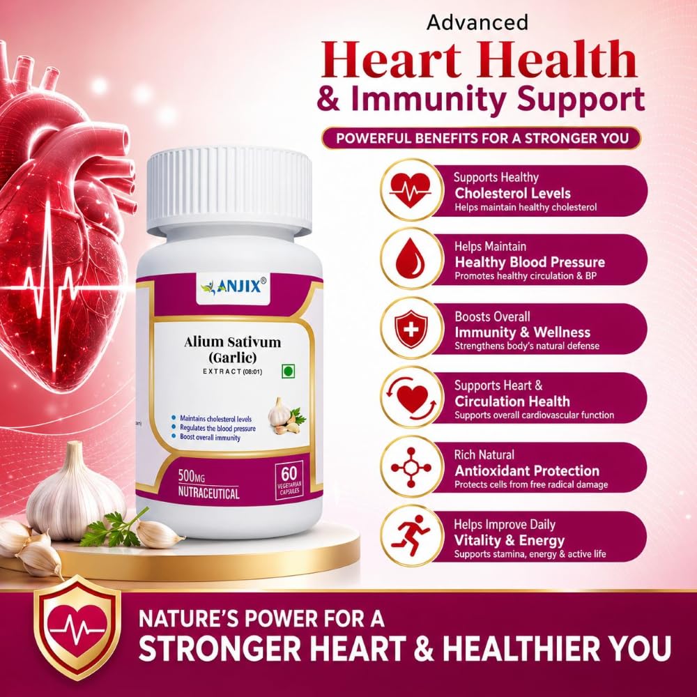 Anjix Garlic Extract, Allium sativum capsules, Supports immune health, 2% Allicin, 500 mg