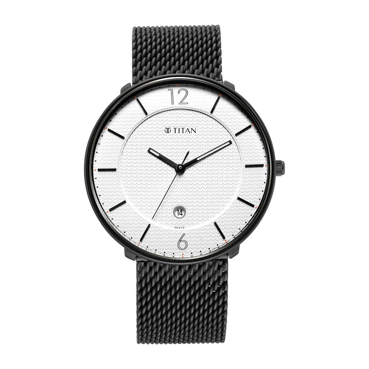 Titan Minimalist Quartz Analog with Date White Dial Black Stainless Steel Strap Watch for Men - NT1849NM01