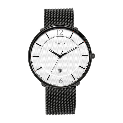 Titan Minimalist Quartz Analog with Date White Dial Black Stainless Steel Strap Watch for Men - NT1849NM01
