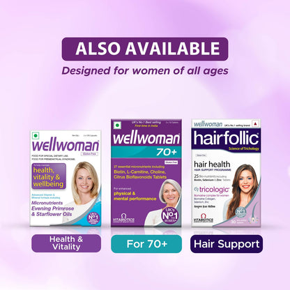 Wellwoman 50+ multivitamins for women over age 50 years with Vitamins,Iron,calcium,amino acids to support menopausal symptoms,maintain energy,Vision & Heart health| Vegetarian 30 Tablets, 20 grams
