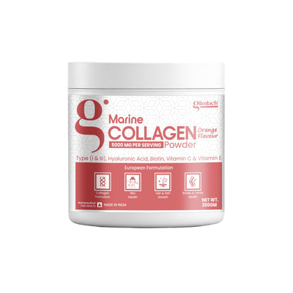 GLIMLACH Marine Collagen Supplements for Women & Men, 200g | Hydrolyzed Collagen Powder and Amino Acids | Supports Healthy Skin, Hair, Nails, Bone & Joint | Orange Flavour