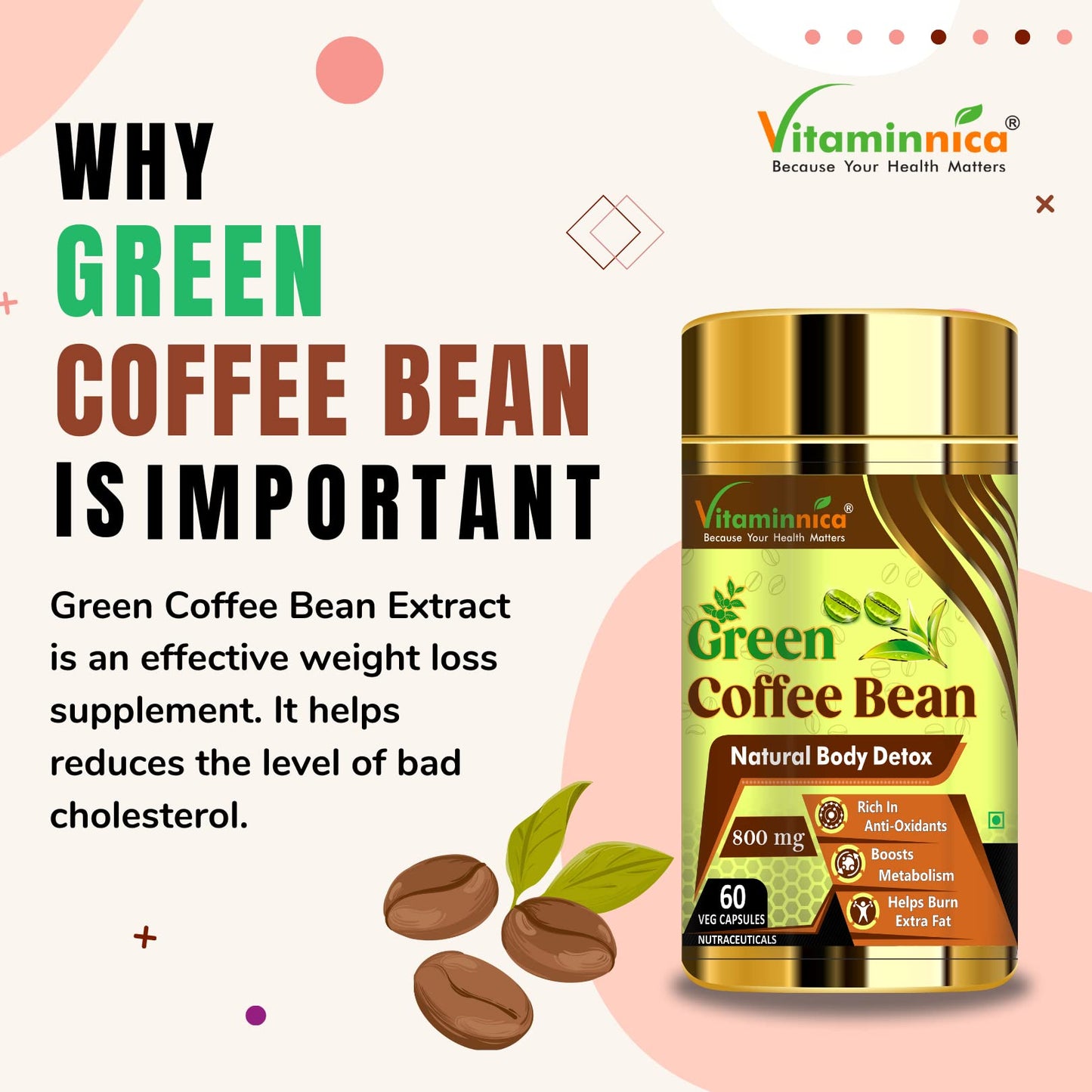 Vitaminnica Green Coffee Bean Extract Capsules for Weight Management – Metabolism & Energy Support Supplement for Men & Women – 60 Vegetarian Capsules