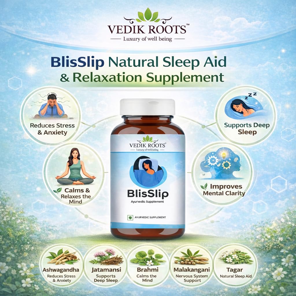 VEDIKROOTS BlisSlip Ayurvedic Sleep Support Capsules | Herbal Wellness Supplement for Relaxation & Calmness | Helps in Healthy Sleep Routine & Relaxation | 60 Veg Capsules | (Pack of 1)