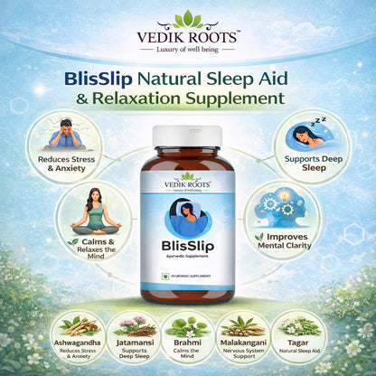 VEDIKROOTS BlisSlip Ayurvedic Sleep Support Capsules | Herbal Wellness Supplement for Relaxation & Calmness | Helps in Healthy Sleep Routine & Relaxation | 60 Veg Capsules | (Pack of 1)