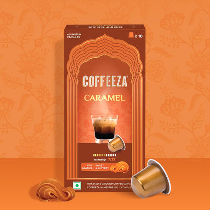 Coffeeza Caramel Flavoured Coffee Capsules, Intensity -7 | Aluminium Coffee Pods | 100% Arabica | Box of 1 (10 Capsules) | Brew Cold/Hot