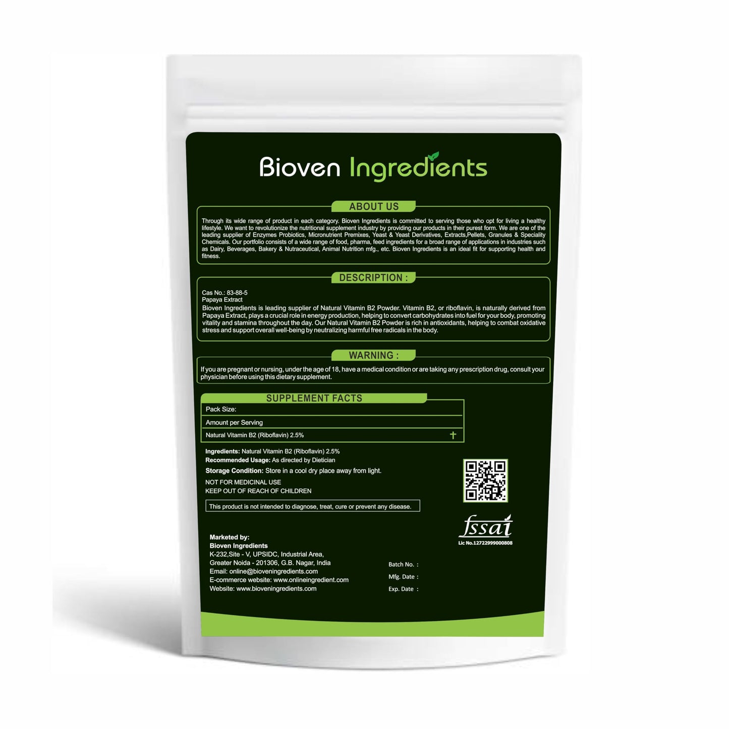 Natural Vitamin B2 Riboflavin Powder, Derived from 100% Natural & Organic Papaya Extract by Bioven Ingredients, Non-GMO Supplement, No Preservatives, Sugar, Gluten or Dairy Free Powder