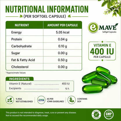 Curemavens Vitamin E 400 IU Softgel Capsules | Vitamin E Supplement for Daily Wellness | Easy-to-Consume Softgels | Nutraceutical Supplement | 30 Softgel Capsules
