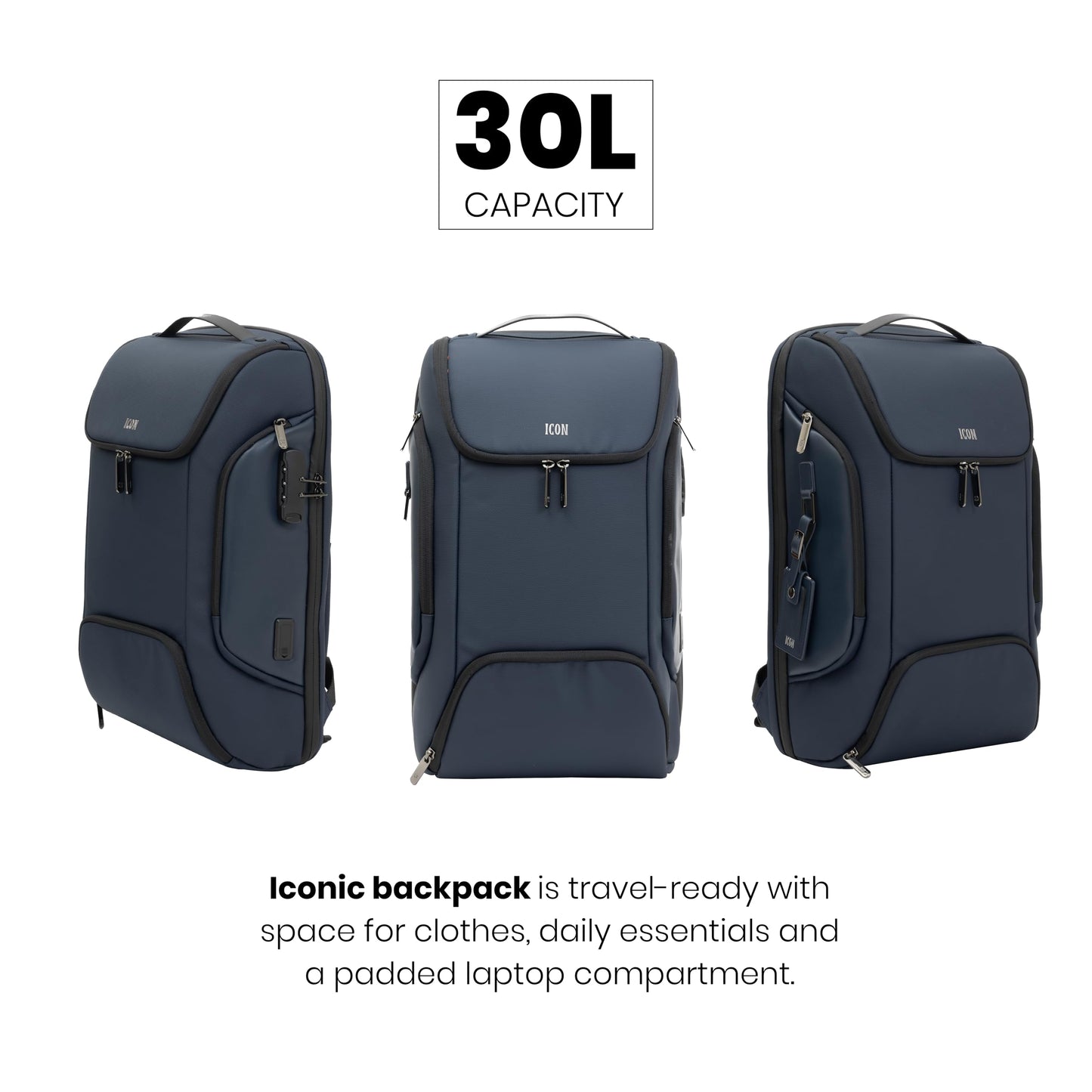 ICON The Iconic Laptop Backpack 30L | Premium Polyester, Fits 15.6" Laptops | USB Charging Port, Luggage Sleeve, Numbered Lock & Hidden Pocket | Water-Resistant, Multipurpose Unisex Laptop Bag - Blue.