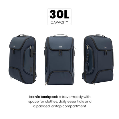 ICON The Iconic Laptop Backpack 30L | Premium Polyester, Fits 15.6" Laptops | USB Charging Port, Luggage Sleeve, Numbered Lock & Hidden Pocket | Water-Resistant, Multipurpose Unisex Laptop Bag - Blue.