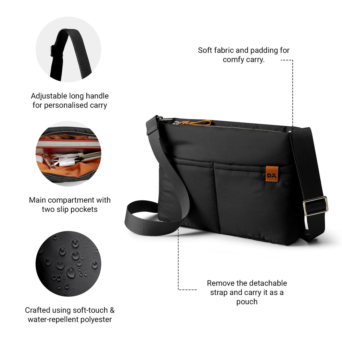 DailyObjects Retreat Sling Crossbody Bag For Girls, Men and Women| | One Spacious Main Zippered Compartment and Two Deep Slip Pockets | Detachable Strap - Carbon Black